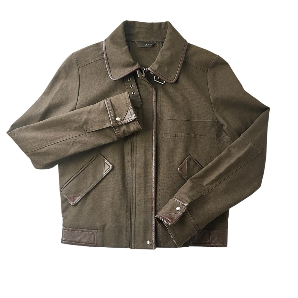 Michaa Leather Trim Utility Jacket Cropped Olive Green Military Style Small